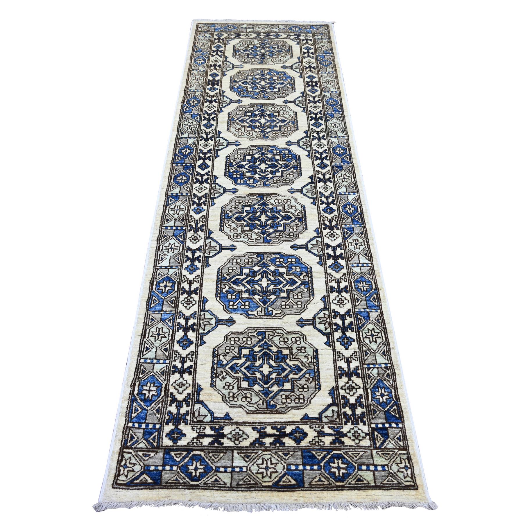 2'7"x8'3" Pearl White, Afghan Ersari with Elephant Feet Design, Hand Knotted, Natural Dyes, Denser Weave, Pure Wool, Runner, Oriental Rug 